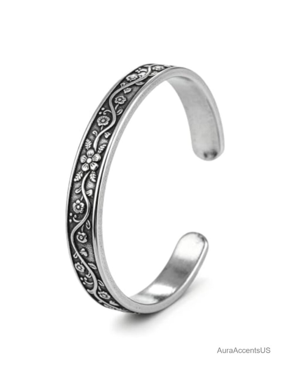 Stainless Steel Vintage Floral Open Cuff Bracelet for Women